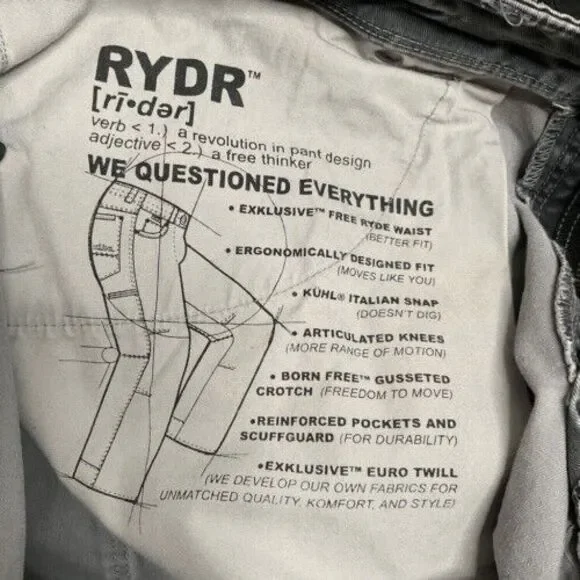 Kuhl Rydr Vintage Patina Dye Hiking Outdoor Work Pants Men Size 34X34 Gray/Black